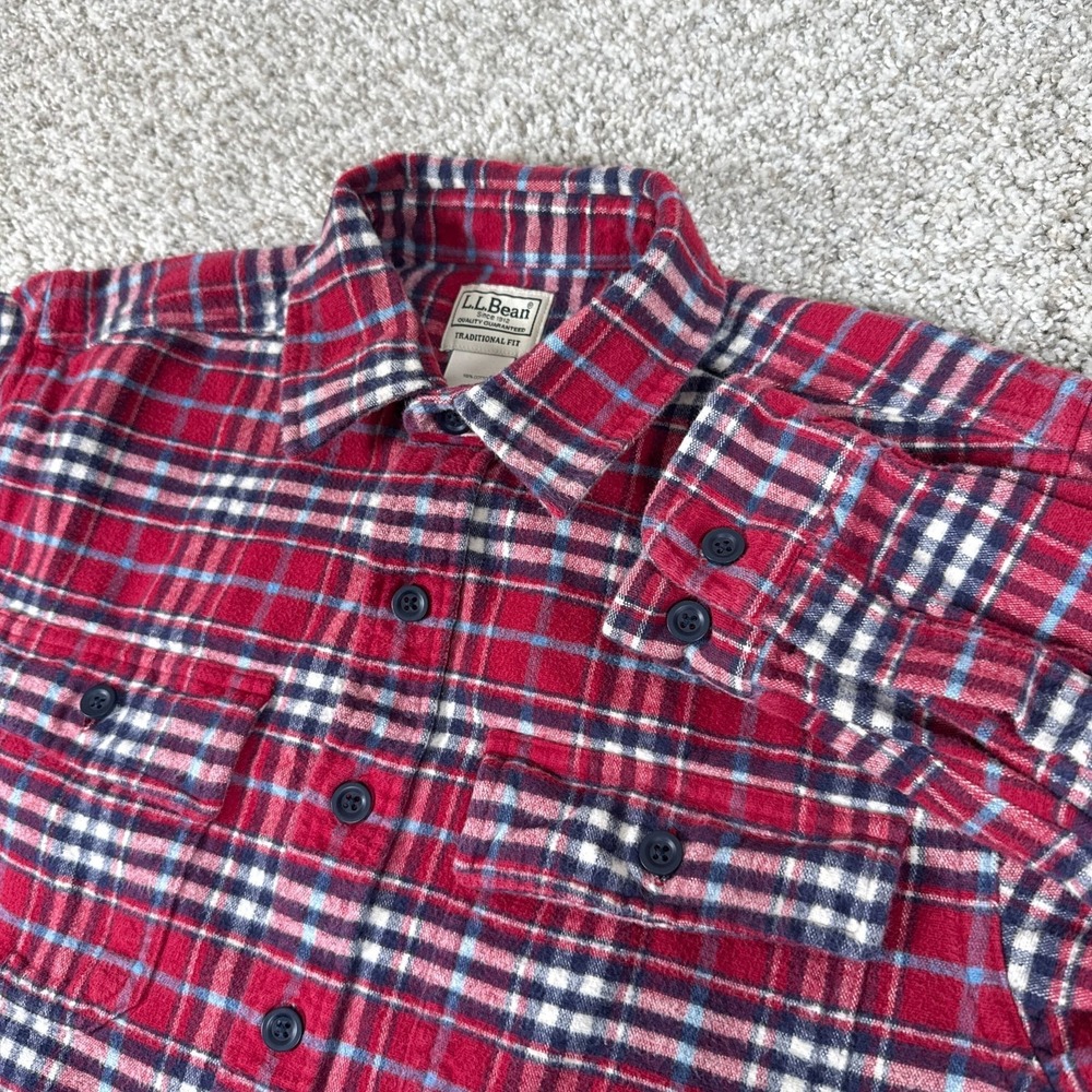 LLBean Flannel Shirt Mens M Tall Red Plaid Button Up Traditional Fit Long Sleeve